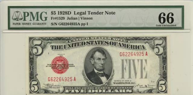 1928D $5 Legal Tender Note Red Seal Fr# 1529 PMG Gem66