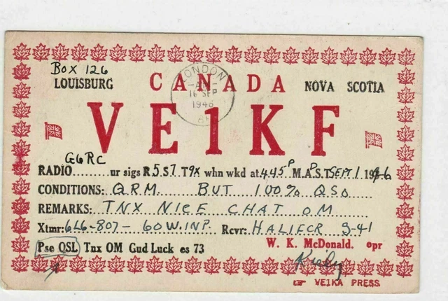 Vintage QSL radio  communication card nova scotia 1946 ref r8496
