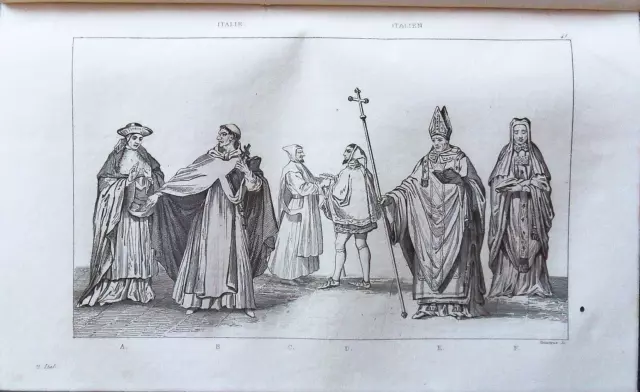Stampa antica Costume Papa Maria Madonna Prete Frate Giullare Roma Artaud Italia