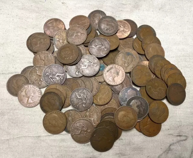 100 x Vintage British Large One Penny UK copper Pennies Victoria to QEII lot#228