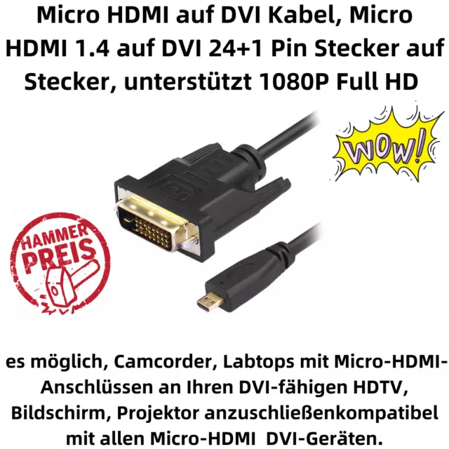 R08M Micro HDMI Sur Cable DVI 1,8m 1.4 Sur DVI 24+1 Broche 1080P 2