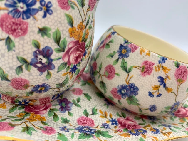 Royal Winton Grimwades OLD COTTAGE CHINTZ Sugar Bowl Creamer Tray Vintage 3