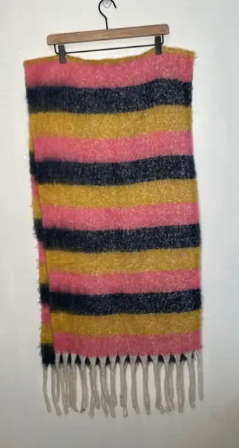 Aerie Scarf Womens Blanket Chunky Blue Yellow Pink Striped Fringe Soft 19"x92"