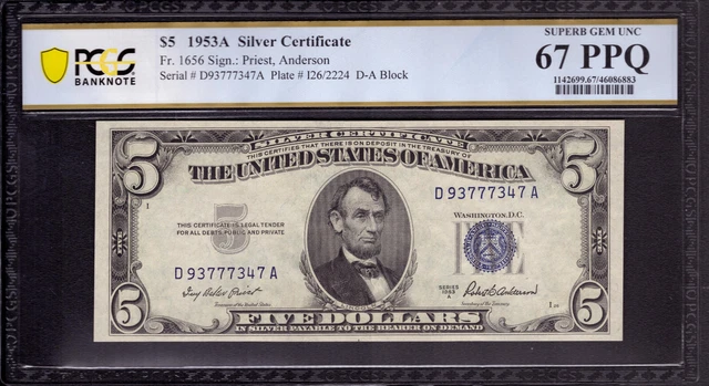 1953 A $5 Silver Certificate Note Fr.1656 Da Block Pcgs B Superb Gem 67 Ppq