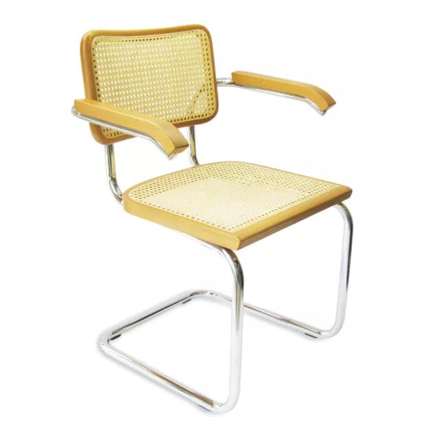 Breuer Cesca Arm Chair Armchair w/ Chrome Frame Cane Seat & Back Honey Oak Wood