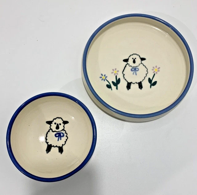 Slagle pottery Lamb child's plate & bowl blue rimmed Lamb baby kids
