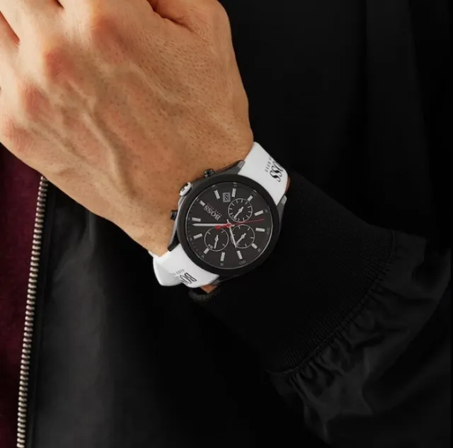 New Genuine Hugo Boss Men's Watch Hb1513718 Velocity Black Dial & White Strap Uk