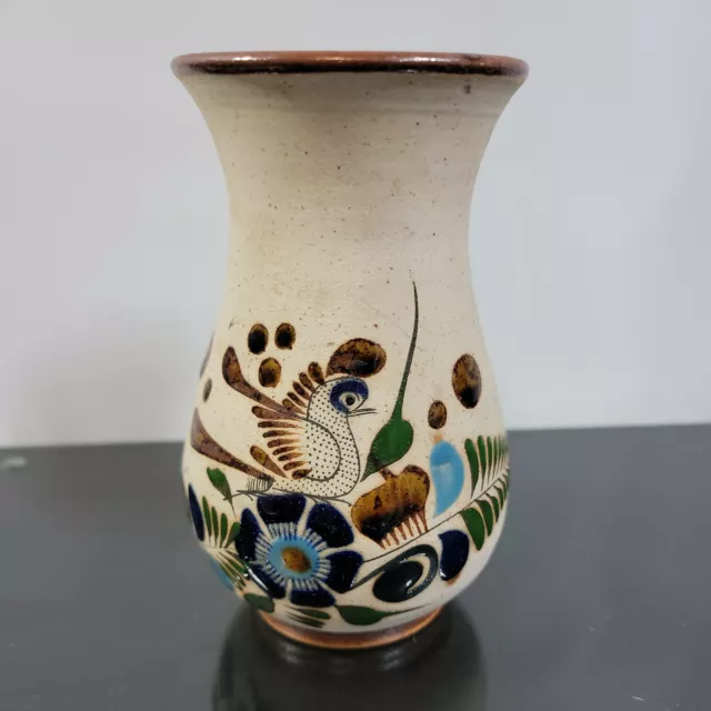 Tonala Mexican Pottery Floral Bird Vase Sandstone Folk Art Mexico Signed 6" Tall