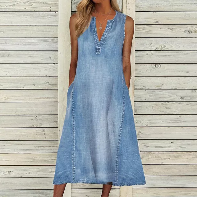 Femme Jeans sans Manche Débardeur Robe Midi Robe Col V Bleu Clair Robe en Vr *