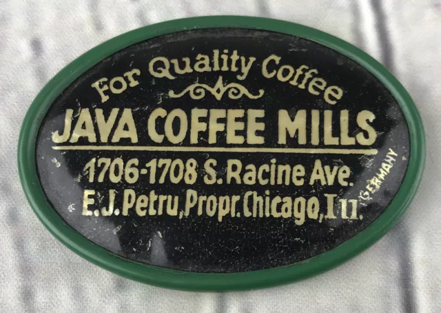 Vtg Adverising Pocket Mirror Java Coffee Mills Chicago IL USA Germany Celluloid