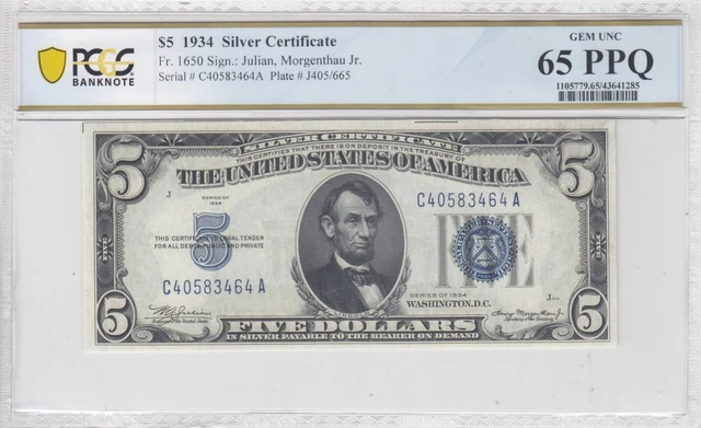 1934 $5 Silver Certificate Fr. 1650 PCGS Banknote Gem Unc 65 PPQ