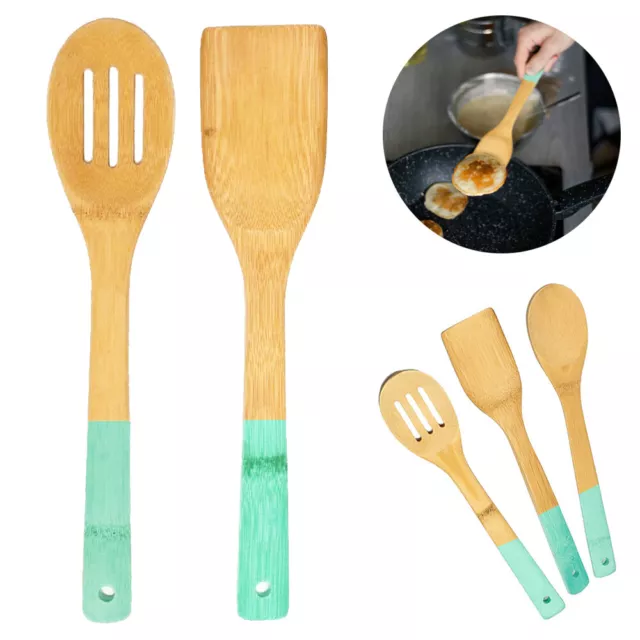 2 Paquete Bambú Utensilios Cocina Juego Cucharas de Madera Antiadherente Colores