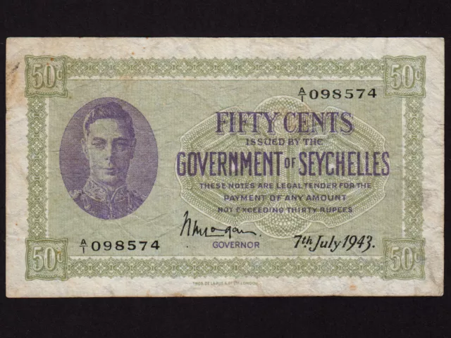 Seychelles:P-6a,50 Cents, 1943 * King George VI * F-VF *