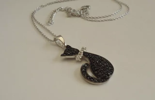 925 Sterling Silver Black Cat Necklace Pendant W/ 2.50 Ct Accents/18'' 3