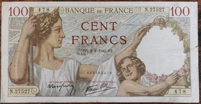 Billet de 100 francs SULLY 8 - 1 - 1942 FRANCE N.27527