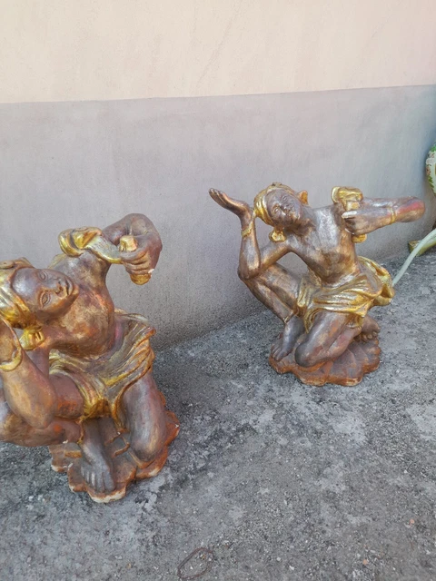 Coppia Mori Legno Laccati Dorati E Argentati Per Tavolino - Piano Vetro - 1960