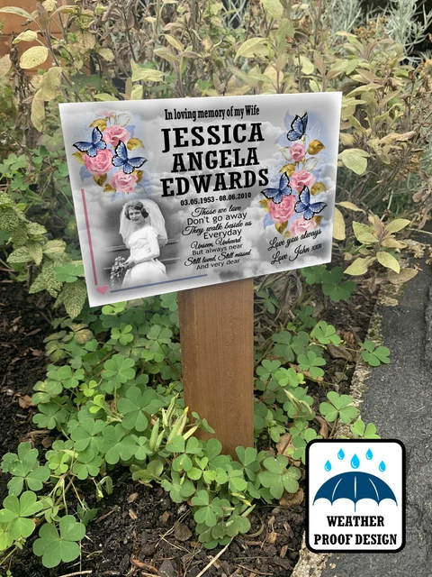Personalised grave marker, Photo plaque and wooden tree stake, Garden memorial.