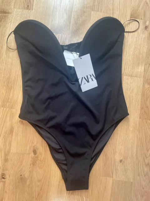 New Zara Black Corset Neck Plunge Strapless Swimsuit Swimming One Piece  Large