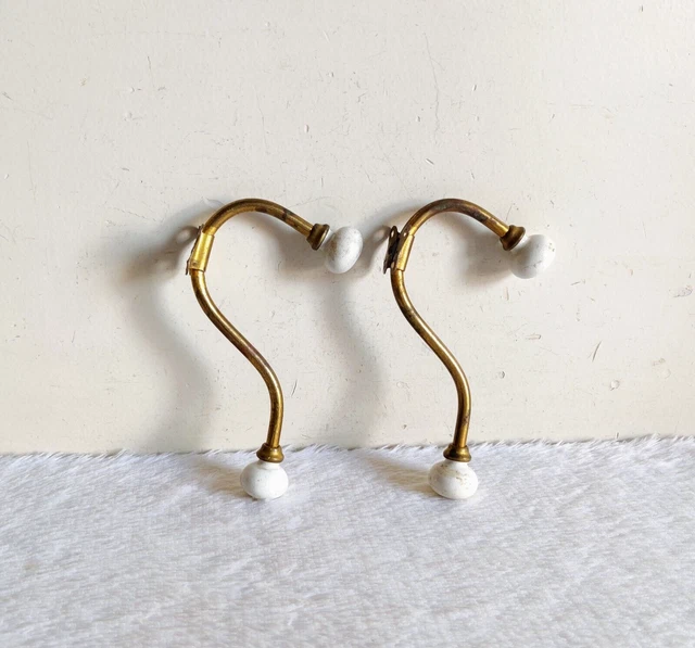 1920s Vintage Victorian Ceramic Knobs Ornate Brass Wall Hanger Hook 2 Pcs M322 9