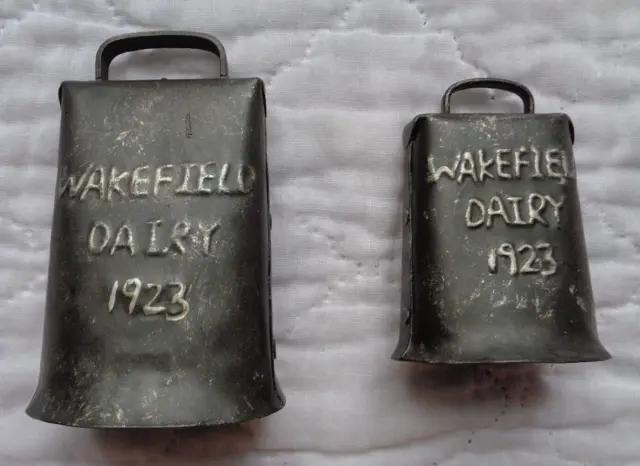 Wakefield Dairy 1923 *Two* Cowbells, RARE, 4 1/4x2 3/4 AND 3 1/4x2 1/4, N. MINT