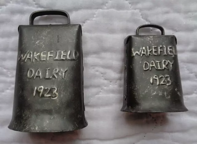 Wakefield Dairy 1923 *Two* Cowbells, RARE, 4 1/4x2 3/4 AND 3 1/4x2 1/4, N. MINT