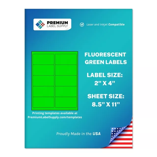 1000 Fluorescent Green 2" x 4" Neon Color Address Labels 10 per sheet