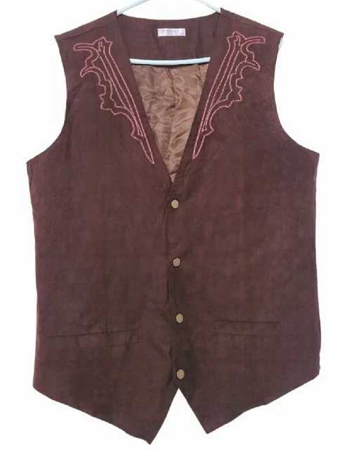COOFANDY Men's Vintage Faux Suede Embroidered Lined Western Vest Brown Snap Sz M