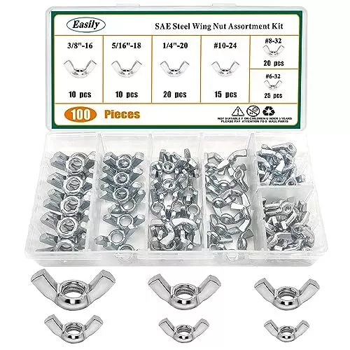 100 PCS Wing Nuts Assortment Kit, SAE Steel Butterfly Wing Nuts Fasteners fro...