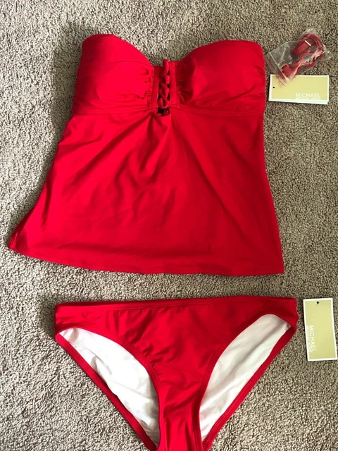 Michael Kors Tank Bandeau Tankini Swimsuit Apron Back Red Small Last 1