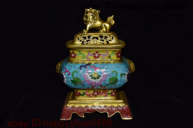 Chinese bronze Cloisonne Gilt temple lion Foo dog statue Incense burner Censer