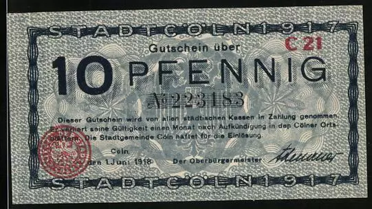 Notgeld Cöln 1917, 10 Pfennig, Rathaus mit Straßenpartie, Wappen