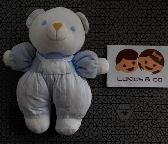 DOUDOU PELUCHE TARTINE ET CHOCOLAT OURS GRELOTS BLEU BLANC RAYE 20 cm - D881