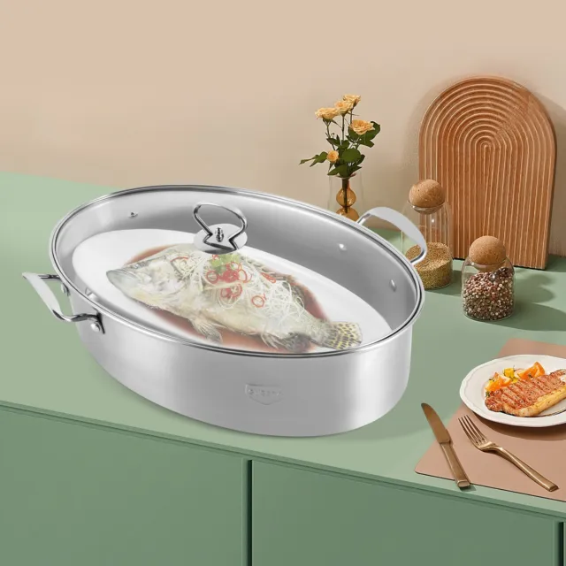 Multi-Use Oval Roasting Pan Stainless Steel Fish Steamer with Lid & Rack STOCK