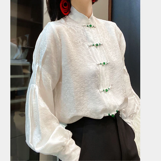 Femme Satin Haut Chemisier Bouton Grenouille Ethnique Col Mao Rétro Desseré