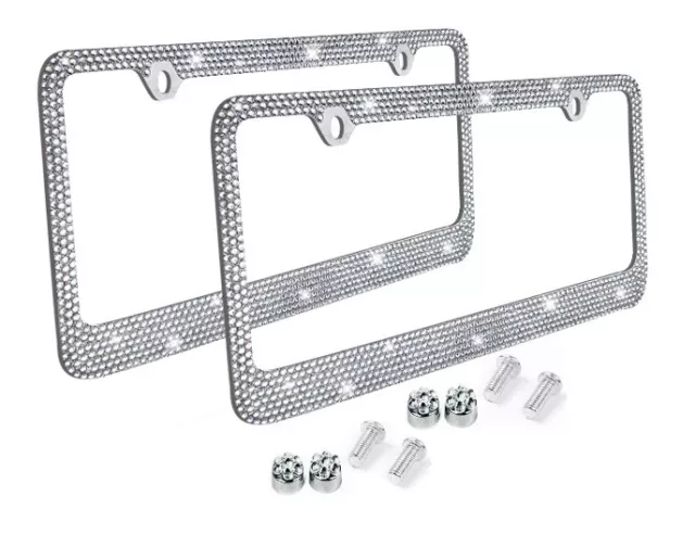 Metal License Plate Frame Bling RhineStone Chrome Crystal Diamond Glitter 2pc