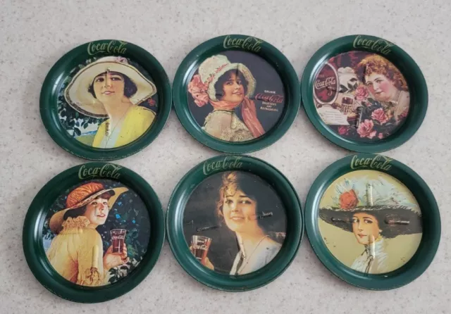 COCA COLA VTG Set 6 Metal Tin Coasters Victorian Calendar Ladies Green 1983 Coke