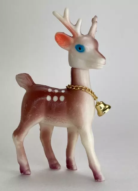 Christmas Reindeer Vintage 1960s Soft Plastic Head Moves Bell Hong Kong Toy