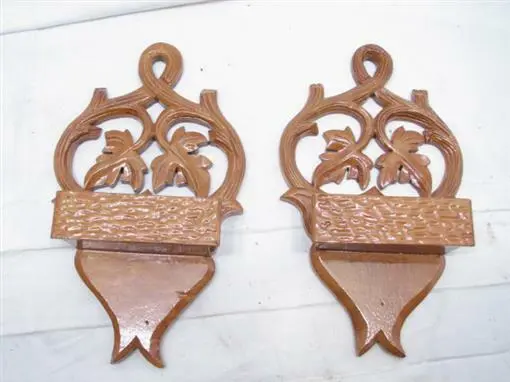 Matched Pair Small Hand Carved Wooden Wall Pockets Ornate Wood Leaf Walnut