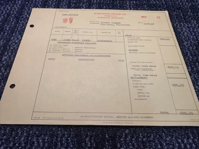 Vtg 1940 GMC Used Auto Dealer Sales Receipt Car Dealership Invoice
