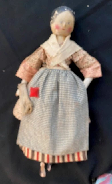 Antique German 12 1/2 ” Peg Wooden Grodnertal Doll Sewing Accessories Old Clothe 2