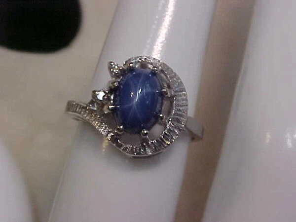 VINTAGE 1.00CT LINDE BLUE STAR SAPPHIRE & DIAMOND RING 14K WHITE GOLD sz5.25