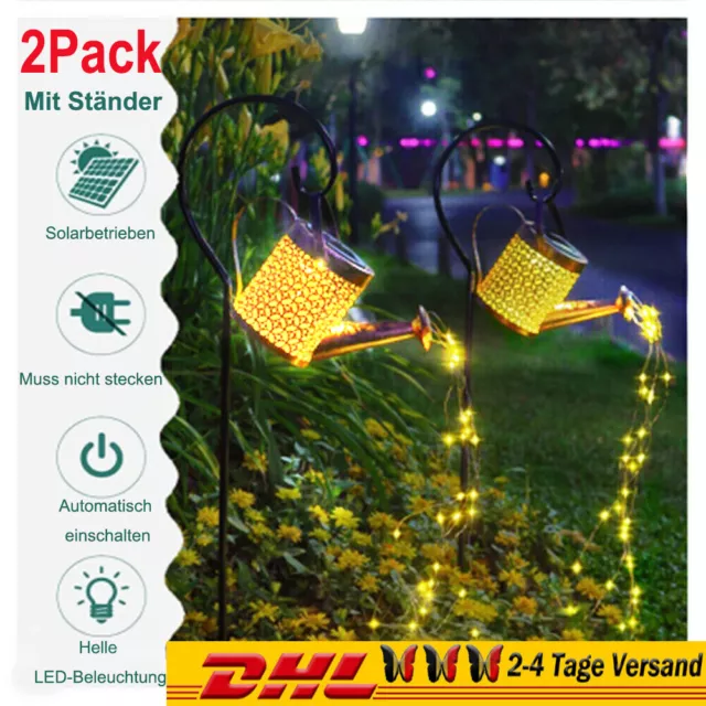 2 x LED Solarleuchte Außen Gießkanne Solar Lichterkette Garten Dekor Duschlampen