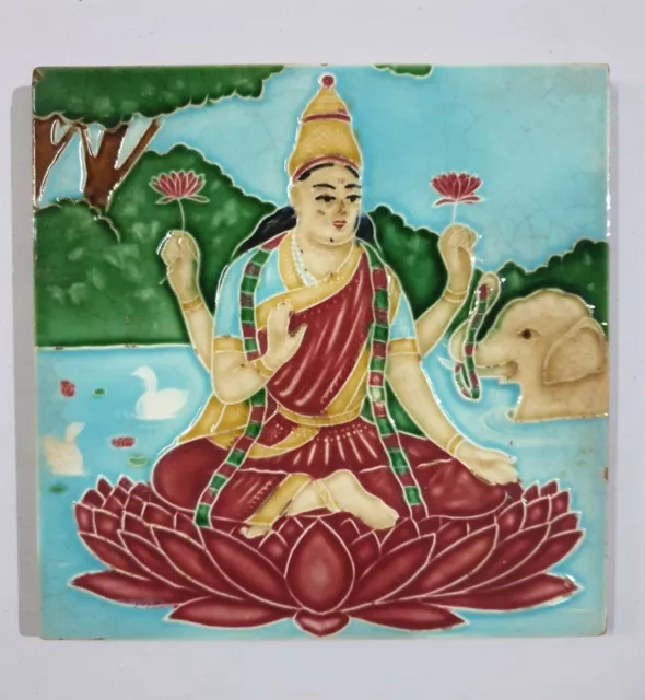 Vintage Majolica Tile GODDESS LAXMI  6in x 6in Japan 5486