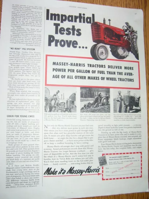 Vintage Massey Harris  Advertising Page - Mh  44 Tractor - 1951