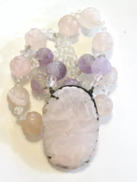 Antique Asian Chinese Export Carved Rose Quartz & Amethyst Sterling Necklace 3