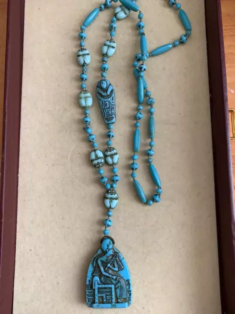 Vintage Egyptian Necklace - engraved Turquoise stones, Scarabs, sarcophagus 30"