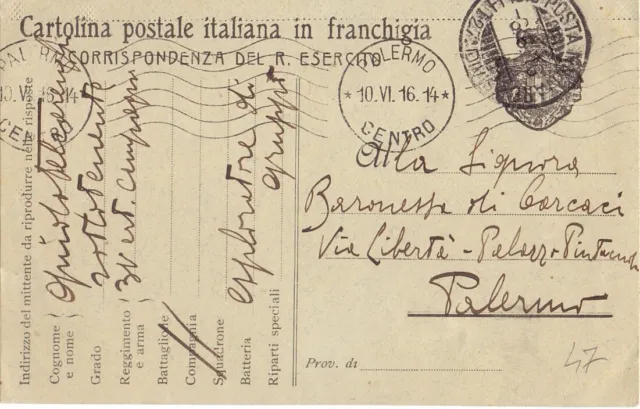 Cartolina postale in franchigia  corrispondenza del R .Esercito per Palermo