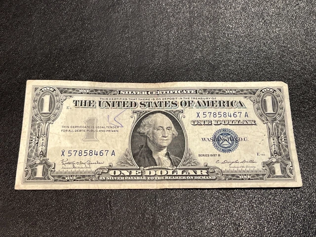 Series 1957 B RARE Dollar Bill Blue Seal Silver Certification - X 57858467 A