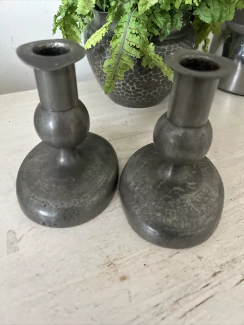 Antique Secessionist Arts And Crafts Pair Pewter Candlesticks