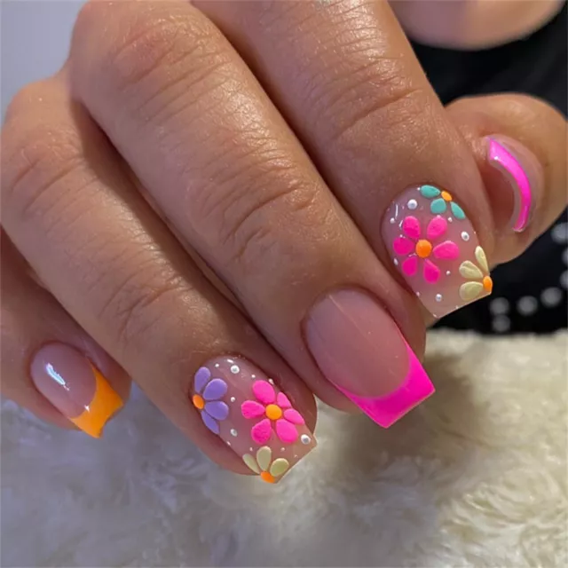 Arte en uñas flores coloridas uñas postizas corto cuadrado prensado en uñas por 24 piezas